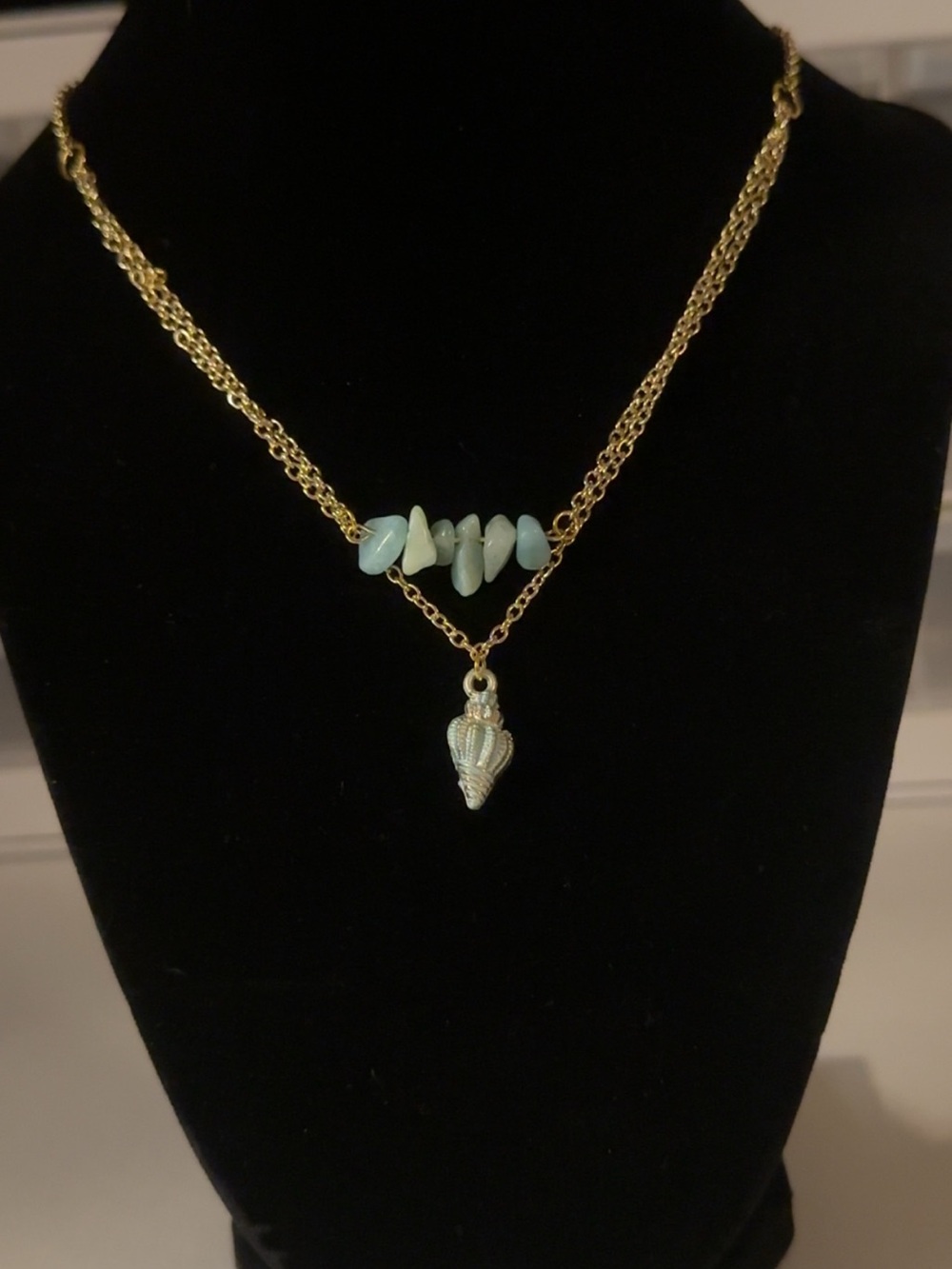 Gold Layered Necklace with Light Aqua Beads and Shell Pendant